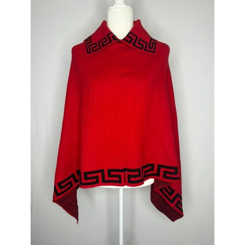 Red and Black Geometric Poncho Cape